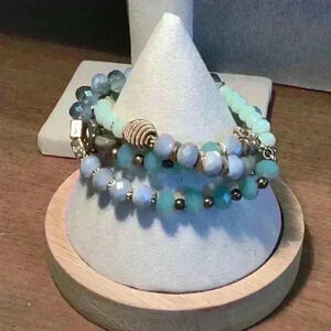 Vintage Crystal  Faceted Blue Glass Beads with Gold Tone Multiple Strands